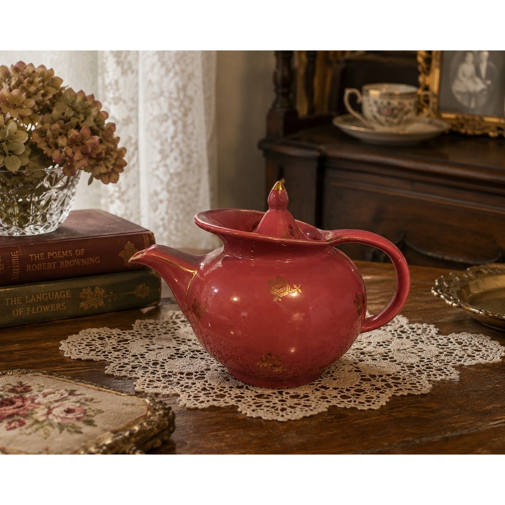 Hall China Rose Pink 6 Cup Teapot Gold Rose Filigree Vintage Made in USA